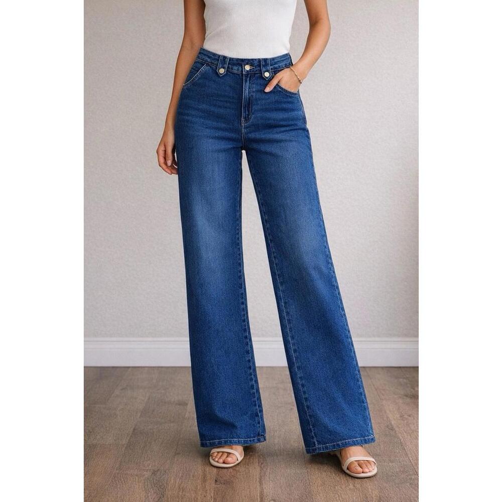 Michael Kors Wide Leg Jean Dark Wash Gold Hardwear Stretch Women’s Size 12